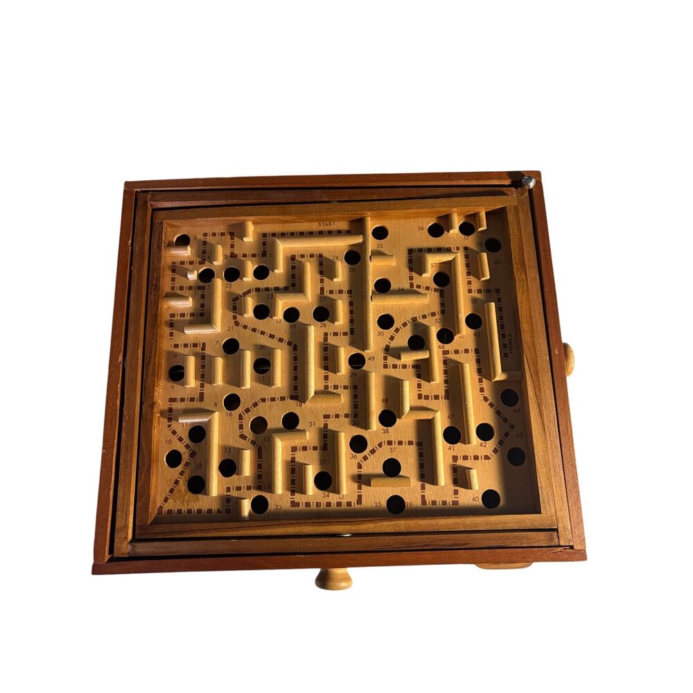 Vintage Wooden Labyrinth Tilt Maze Game 60 Hole Marble Skill Puzzle Wood